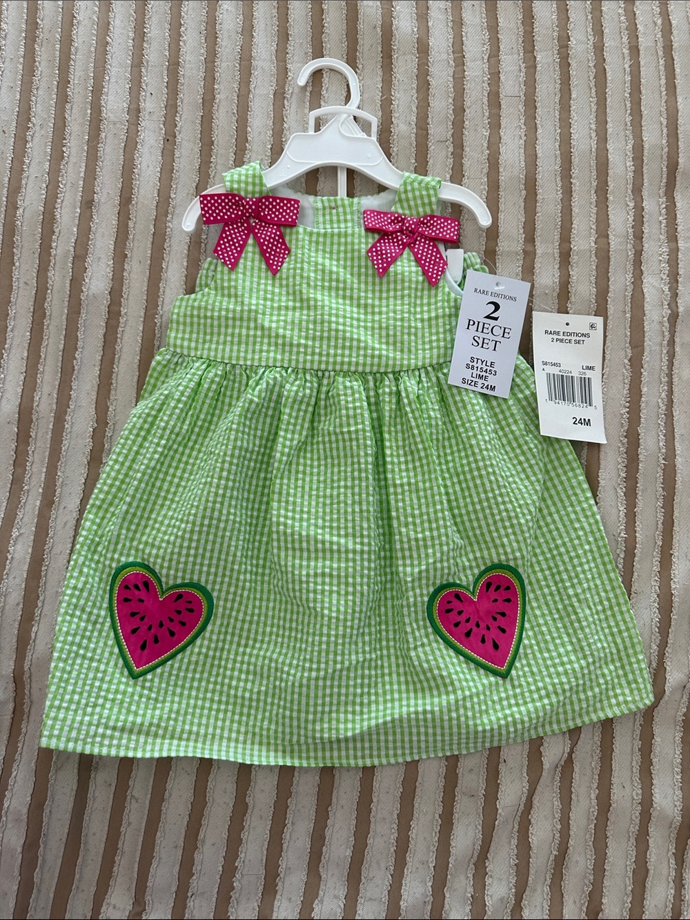 Rare Editions Lime Gingham Dress with Pink Watermelon Hearts